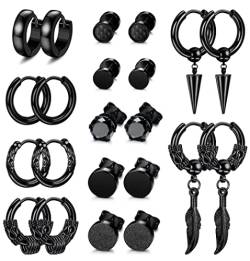 JeweBella 11 Paar Edelstahl Schwarz Ohrringe Set Herren Hypoallergen Punk Gothic Ohrringe Rund Zirkonia Ohrstecker Set Creolen Tropfen Feder Ohrringe für Männer Damen von JeweBella