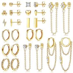 JeweBella 13 Pairs Kleine Ohrringe Set Damen Chirurgenstahl Hypoallergen Medizinische Ohrstecker Creolen Hängende mit Kette Knorpel Piercing Ohrringe Set für Mehrere Ohrlöcher Frauen Gold/Silber von JeweBella