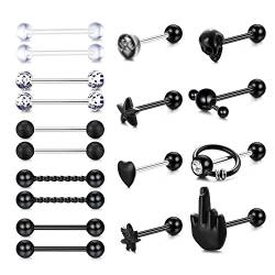 JeweBella 18 Stück 14G 316L Chirurgenstahl Zungenpiercing Brustwarzenpiercing Piercing Set Schwarz Barbell Piercing Zunge Nippel Bars Körperschmuck Piercing für Frauen Männer 16mm von JeweBella