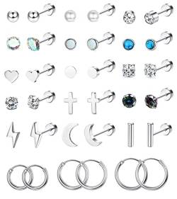 JeweBella 18Pairs Kleine Ohrstecker Damen Set Chirurgenstahl Knorpel Flatback Ohrringe Hypoallergen Stern Mond Helix Ohrringe Zirkonia Creolen Piercing Ohrstecker für Mädchen Herren von JeweBella