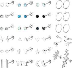 JeweBella 23Pairs Kleine Ohrstecker Damen Set Chirurgenstahl Knorpel Helix Ohrringe Hypoallergen Stern Mond Flatback Ohrringe Zirkonia Creolen Piercing Ohrstecker für Mädchen Herren von JeweBella