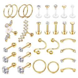 JeweBella 30 Stück 16G Knorpel Ohrstecker Silber/Gold Chirurgenstahl für Damen Helix Piercing Knorpel Tragus Piercing Set CZ Barbell Labret Piercing Tragus Ohrstecker Conch Piercing Ohr von JeweBella