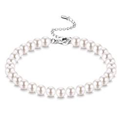 JeweBella 4MM/6MM/8MM Perlenarmband Damen Silber 925 Armband Perlen für Frauen Mädchen Länge 18+6CM Verstellbar Klassische Weiß Pearls Armband mit Box von JeweBella