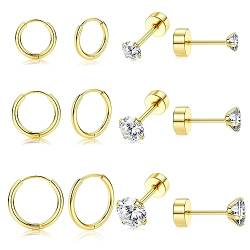 JeweBella 6 Paar Kleine Ohrringe Set für Damen G23 Titan Zirkonia Ohrstecker Mini Huggie Creolen Set Piercing Ohr Helix Tragus von JeweBella