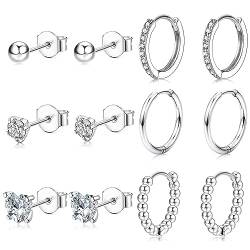 JeweBella 6 Paar Ohrstecker Silber 925 für Damen Mädchen Ohrringe Creolen Silber Hypoallergen 925 Sterling Silber Pin Zirkonia Ohrringe Knorpel Set Klein Schlafen Kreolen Ohrringe von JeweBella