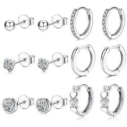 JeweBella 6 Paar Ohrstecker Silber 925 für Damen Mädchen Ohrringe Creolen Silber Hypoallergen 925 Sterling Silber Pin Zirkonia Ohrringe Knorpel Set Klein Schlafen Kreolen Ohrringe von JeweBella