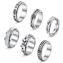 JeweBella 6 Stück Spinner Ring Set für Damen Herren Hypoallergen Drehbarer Edelstahl Ring Blume Moon Star Spinner Angst Ringe Zappel Band Ringe für Frauen Männer Größe 49-62 von JeweBella