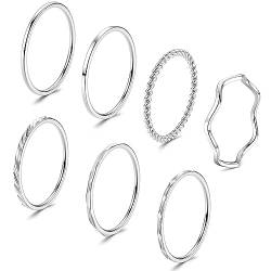 JeweBella 7 Stück Ringe Silber für Damen Edelstahl 1MM Plain Dünn Midi Fingerring Minimalistisch Daumenringe Set Stapelbarer Knuckle Ringe Silber Einfaches Twist Ringe Frauen von JeweBella