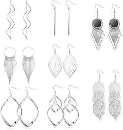 JeweBella 8 Paar Hängende Ohrringe Set für Damen Mädchen Modeschmuck Ohrringe Silber Welle Blatt Quasten Ohrringe Hängend Set von JeweBella