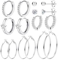 JeweBella 8 Paar Kleine Creolen für Damen Mädchen Chirurgenstahl Ohrstecker Zirkonia Stern Silber Creolen Huggies Ohrringe Hypoallergen Schläfer Knorpel Ohrstecker Leicht Große Creolen Ohrringe Set von JeweBella