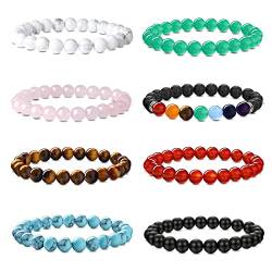 JeweBella 8 Stück Natürliche Edelstein Armbänder Set Damen Herren Perlen Armbänder Rose Quartz Amethyst Tigerauge Stein Obsidian Türkis Chakra Armband Paare Stretch Edelsteine Heilsteine Armband Set von JeweBella