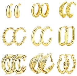 JeweBella 9 Paar Gold Creolen Ohrringe Set für Damen Mädchen 14K Vergoldet Ohrringe Hypoallergen Chunky Groß Gold Creolen Set Gold Kreolen Ohrringe Twisted Huggie Ohrringe Modeschmuck für Frauen von JeweBella