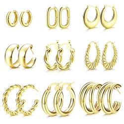 JeweBella 9 Paare 14K Gold Creolen Ohrringe Set für Damen Chunky Ohrringe Gold Creolen Set Hypoallergen Gold Kreolen Ohrringe Twisted Huggie Creolen Ohrringe Set Groß Gold Creolen für Frauen von JeweBella