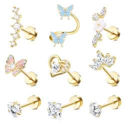 JeweBella 9 Stück 16G Helix Piercings Chirurgenstahl für Damen Ohrringe Silber/Gold Herz Schmetterling Blume Kugel/Flat Piercing Ohrringe Conch Tragus Piercing Ohr Set von JeweBella