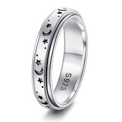 JeweBella 925 Sterling Silber Spinning Angst Ring für Damen Anti Stress Ring Sterne Mond Spinner Ring Dekompressionsringe Drehbarer Zappel Ringe Promise Hochzeit Verlobungsringe Schmuck Größe 49-67 von JeweBella