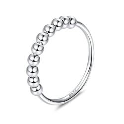 JeweBella 925 Sterling Silber Spinning Angst Ring mit Beweglichen Perlen Band Ring für Damen Mädchen Anti Stress Ring Dünne Stapelbare Ringe Dekompressionsringe Zappel Ringe mit Ringmaßband von JeweBella
