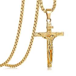 JeweBella Kreuz Halskette Herren Edelstahl Jesus Kruzifix Anhänger Halskette mit venezianischer Kette 61 CM Silber/Gold/Schwarz Religiöser Schmuck Geschenk (B:Gold) von JeweBella