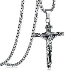 JeweBella Kreuz Halskette Herren Edelstahl Jesus Kruzifix Anhänger Halskette mit venezianischer Kette 61 cm Silber/Gold/Schwarz Religiöser Schmuck Geschenk von JeweBella