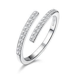 JeweBella Ring Silber 925 Damen Minimalistisch Zirkonia Ring 2mm Verstellbare Offener Ringe Frauen Silber/Gold/Roségold von JeweBella