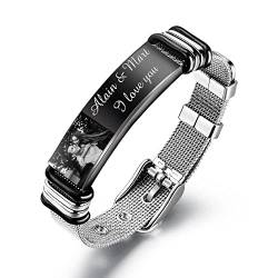 Jeweidea Armbänder für Herren Personalisierte Armband Herren mit Gravur Foto verstellbar Armband Schnalle Mesh Edelstahl Armband für Frauen Männer Echtes Papa Paare Vatertag Jubiläum (#Schwarz2) von Jeweidea