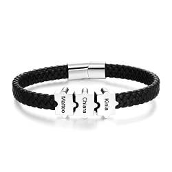 Jeweidea Armband Herren Leder Personalisiertes Armband mit Namen Gravur Edelstahl Perlenarmband Herren Schwarz Familienarmband Geschenke für Männer Papa Papa Geschenk Vatertagsgeschenk von Jeweidea