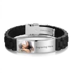 Jeweidea Foto Armband Herren mit Gravur Personalisiertes Armband mit Namen Gravierter Silikon Einstellbar Armband Geschenke für Männer Papa Geschenk Vatertag Personalisierter Schmuck (#Silber) von Jeweidea