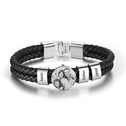 Jeweidea Lederarmband Herren mit Foto Personalisiertes Armband mit Namen Gravierter Edelstahl Perlenarmband Herren Geschenke für Männer Papa Geschenk Vatertag von Jeweidea