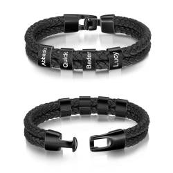 Jewel Personalisierte Armband Herren Geflochtenes Lederarmband mit 3-5 Namen Gravur Armband Freund Vater Sohn Geschenk für Jubiläum Valentinstag Vatertag (4 Beads) von Jewel