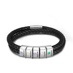 Jewel Personalisierte Herren Armband mit 3-5 Namen Gravur Geflochtenes Lederarmband Armband Freund Vater Sohn Geschenk für Jubiläum Valentinstag Vatertag (5 Beads) von Jewel