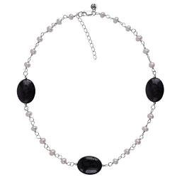 Jewel24 Damen-Kette Silber 925 Süßwasser-Perlen und Hyperstehn 45-50 cm lang Perlenkette weiß schwarz von Jewel24