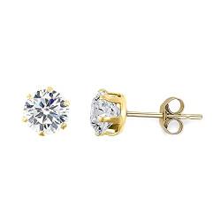 Jewelco London Solitär-Ohrstecker aus 9 Karat Gelbgold, weißer, runder Brillant-Zirkonia, 6 Krallen, 5 mm, Einheitsgröße, Gelbgold, Zirkonia von Jewelco London