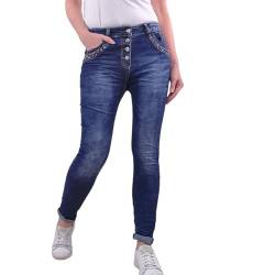 Jewelly Blue Denim Damen Stretch Jeans| Boyfriend Hose mit dekorativen Schmuckknöpfen| Strass Denim Hose (DE/NL/SE/PL, Alphanumerisch, S, Regular, Regular) von Jewelly