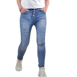 Jewelly Damen Boyfriend Stretch Jeans|Destroyed Denim Hose mit Strass | 5 Pocket Medium Rise (DE/NL/SE/PL, Alphanumerisch, L, Regular, Regular, Destroyed Strass) von Jewelly