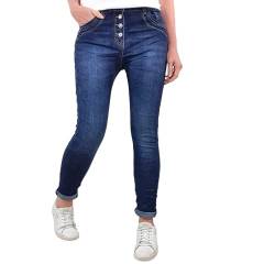 Jewelly Damen Stretch Jeans| Boyfriend Hose mit dekorativen Schmuckknöpfen| Mid Rise 5 Pocket Denim Hose (L, Dark Denim) von Jewelly