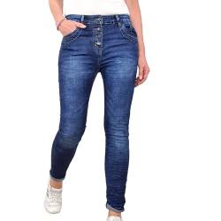 Jewelly Damen Stretch Jeans| Boyfriend Hose mit dekorativen Schmuckknöpfen| Mid Rise 5 Pocket Denim Hose (L, Denim Dark) von Jewelly