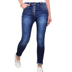 Jewelly Damen Stretch Jeans| Boyfriend Hose mit dekorativen Schmuckknöpfen| Mid Rise 5 Pocket Denim Hose| mit Knopfleiste (XL, Dark Denim Washed) von Jewelly