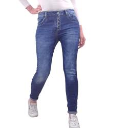Jewelly Damen Stretch Jeans| Boyfriend Hose mit sichtbarer Knopfleiste| Dunkle Used Denim Waschung (Dark Blue, M) von Jewelly