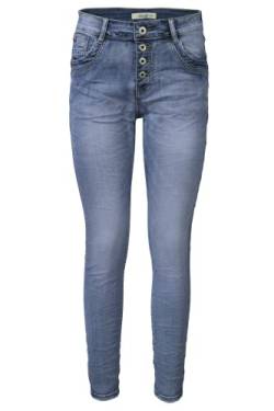 Jewelly Damen Stretch Jeans Five-Pocket im Crash-Look | Boyfriend Hose mit sichtbarer Knopfleiste (S/36, Blau) von Jewelly