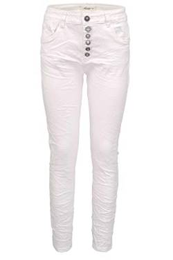 Jewelly Damen Stretch Jeans Five-Pocket im Crash-Look | Boyfriend Hose und sichtbarer Knopfleiste mit Schmuckknöpfen (S/36, Weiß) von Jewelly