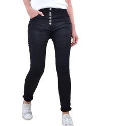 Jewelly Damen Stretch Twill Jeans| Boyfriend Hose mit dekorativen Schmuckknöpfen| Mid Rise 5 Pocket Hose (XS, Schwarz) von Jewelly