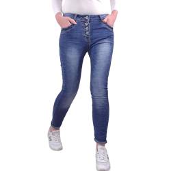 Jewelly Stretch Jeans| im Baggy Boyfriend Schnitt| Damen Hose mit dekorativer Knopfleiste| Perfekter Sitz (L, Denim) von Jewelly