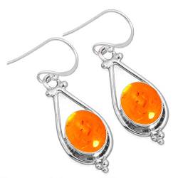 Jeweloporium 925 Sterling Silber Ohrring für Damen Orange Bernstein Edelstein Tropfen Baumeln Boho Sílbern Ohrring Jubiläum - Geschenk Handgefertigt Schmuck von Jeweloporium