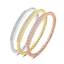 JewelryPalace 3 Ringe Vintage Seil Verdrehter Zirkonia Halb Eternity Ring Damen Rosegold, 3 Farben Ringe Set Gold Schmuck Silber 925, Hochzeitsring Vorsteckring Bandring Schmal mit Stein für Frauen 54 von JewelryPalace