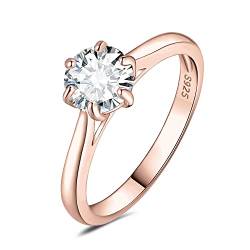 JewelryPalace 6.5mm 1ct Rund Zirkonia Solitär Promise Ring Damen, Braut Schmuck Set, Verlobungsring Damenring Ringe Silber 925 mit Stein für Frauen, Simulierte Diamant Jubiläum Eheringe Rosegold 51 von JewelryPalace