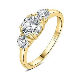 JewelryPalace Drei Stein Rund 1.4ct Moissanite Ring Damen, Verlobungsringe Silber 925 für Frauen, Hochzeitsring Damenring Simulierter Diamant Promise Ring, Mädchen Schmuck mit Stein Vergoldet 59 von JewelryPalace