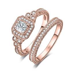 JewelryPalace Prinzessschliff Zirkonia Halo Promise Verlobung Ring Silber 925 Damen,Halb Eternity Jubiläum Hochzeitsring Vorsteckring Trauring Ehering Braut Set Ringe mit Stein Für Frauen Rosegold 55 von JewelryPalace