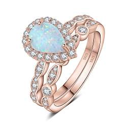 JewelryPalace Vintage Tropfenschliff 3ct Erstellt Opal Halo Promise Ring Damen, Verlobungsring Silber 925 mit Weißer Stein, Hochzeitsring Vorsteckring Trauring Band Ring Set Frauen Rosegold 50 von JewelryPalace