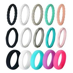 JewelryWe 15pcs Silikon Ringe für Frauen: 3mm Damen Stapelbare Silikonringe Gummi Hochzeit Bands Gummibänder Stapelringe Eheringe Verlobungsringe für Sport und Outdoor, 15 Stück Set, Größe 49 von JewelryWe