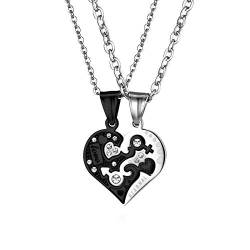 JewelryWe 2 Freundschaftsketten, Edelstahl Love Eternal Geschlecht Symbol Herz Partner Anhänger mit 45cm 55cm Ketten, Paare Halsketten für Herren Damen, Schwarz Silber von JewelryWe