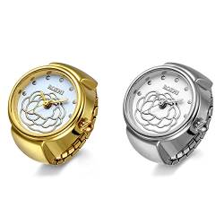 JewelryWe 2PCS Damen Ringuhr Fingeruhr Analog Blumen Quarzuhr Elastisch Ring Band Uhr Uhrenring Geschenk für Mädchen Silber Gold von JewelryWe